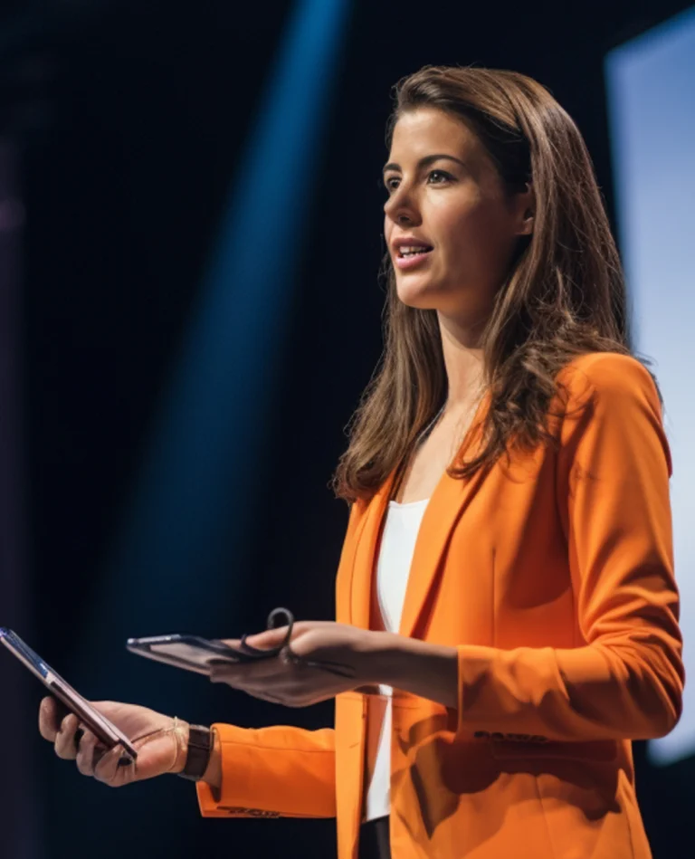A woman in an orange blazer speaks on stage
